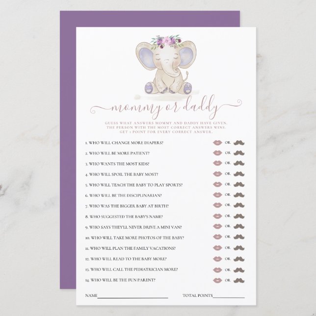 Mummy or Daddy Elephant Girl Baby Shower Game (Front/Back)