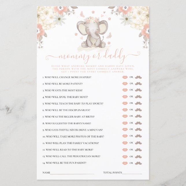 Mummy or Daddy Elephant Girl Baby Shower Game (Front)