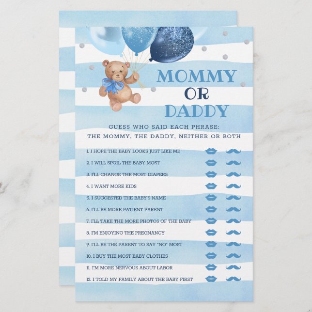 Mummy or Daddy Game Baby Shower Teddy Bear  (Front/Back)