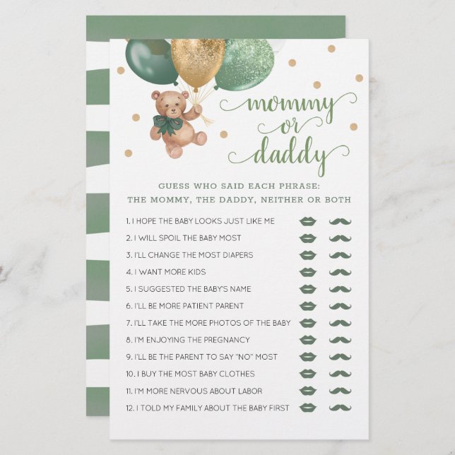 Mummy or Daddy Game Baby Shower Teddy Bear  (Front/Back)