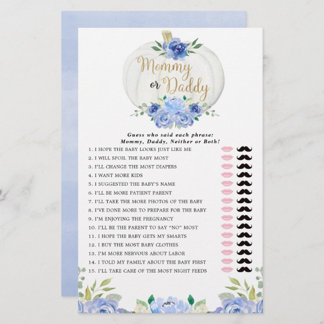 Mummy or Daddy game blue greenery fall pumpkins (Front/Back)