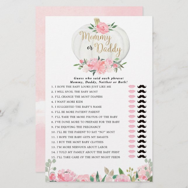 Mummy or Daddy game pink gold fall pumpkins (Front/Back)