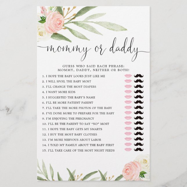 Mummy or Daddy game pink gold greenery baby girl (Front)