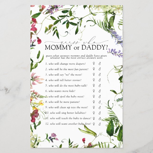 Mummy or Daddy Game Summer Wildflower Shower Flyer (Front)