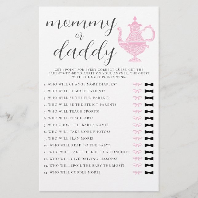 Mummy or Daddy Guess Tea Party Girl Baby Shower Flyer (Front)
