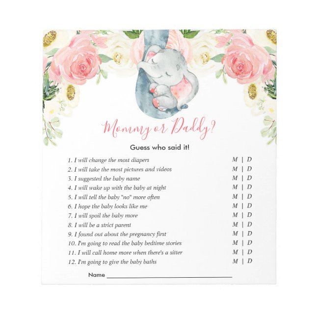Mummy or Daddy Guess who said it baby shower game Notepad (Front)