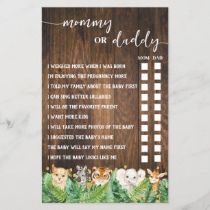 Mummy or Daddy Safari Baby Shower Game Card