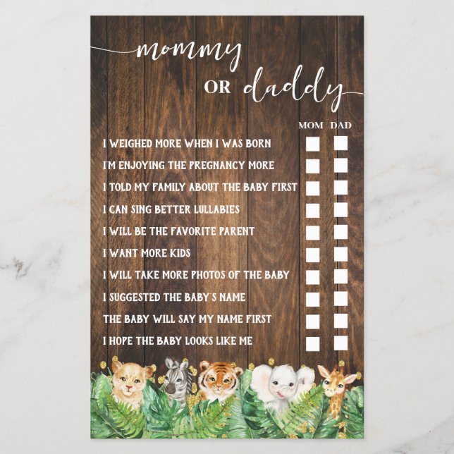 Mummy or Daddy Safari Baby Shower Game Card (Front)