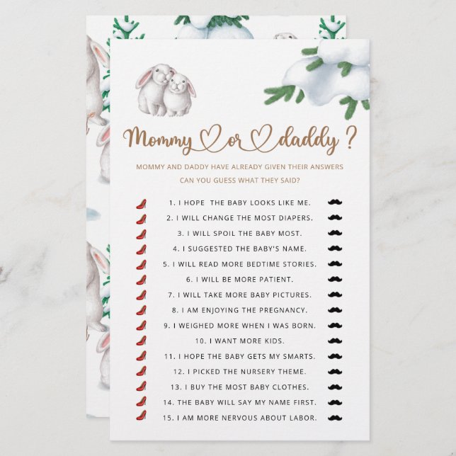 Mummy or daddy winter baby shower game (Front/Back)