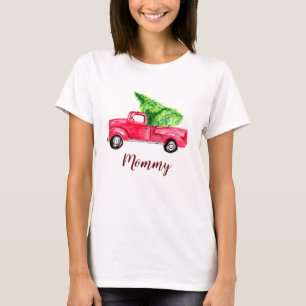 Mummy Red Pickup Truck Christmas Tree watercolor T-Shirt