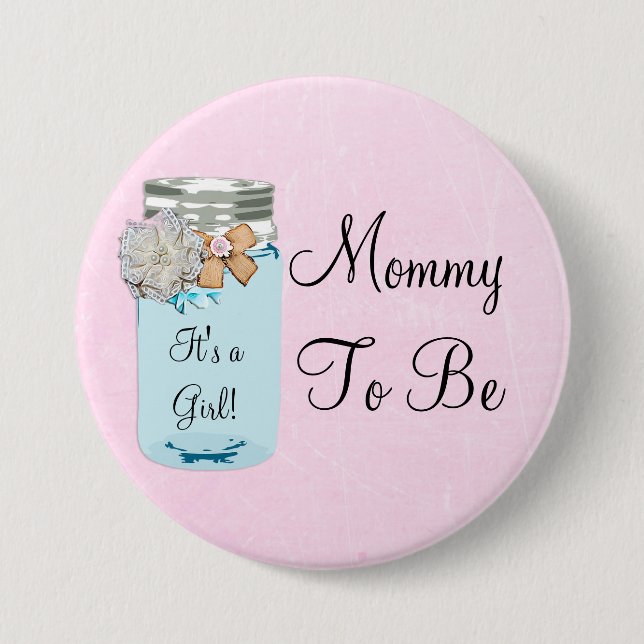 Mummy to be Blue Mason Jar Rustic Button (Front)