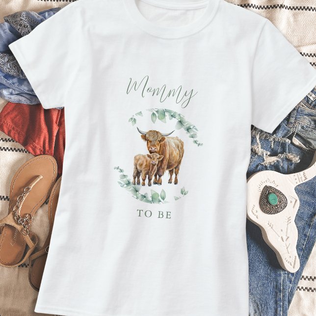 Mummy To Be Boho Greenery Highland Cow T-Shirt (Creator Uploaded)