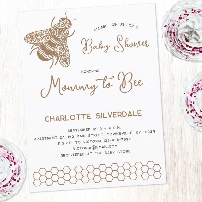 Mummy to Bee Baby Shower Invitation Postcard (Modern gener neutral honeybee Mommy to Bee personalized baby shower invitation with custom text)