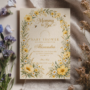 mummy to bee baby shower, watercolor daisies, gold invitation
