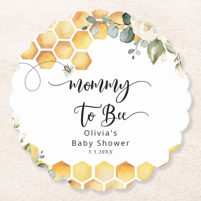 Mummy to bee bumble bee baby shower paper coaster (Front)