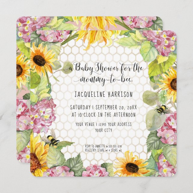 Mummy to Bee Bumblebee Sunflower Pink Hydrangeas I Invitation (Front/Back)