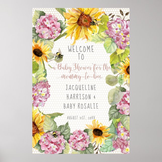 Mummy to Bee Bumblebee Sunflower Pink Hydrangeas Poster (Front)
