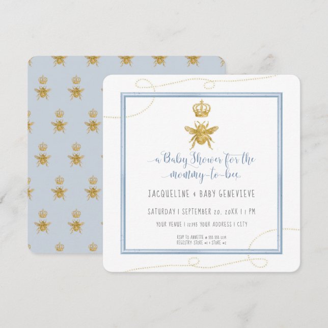 Mummy to Bee Gold Glitter Blue Boy Baby Shower Invitation (Front/Back)