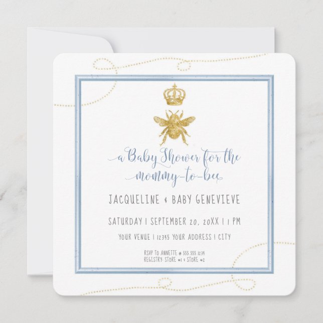 Mummy to Bee Gold Glitter Blue Boy Baby Shower QR Invitation (Front)