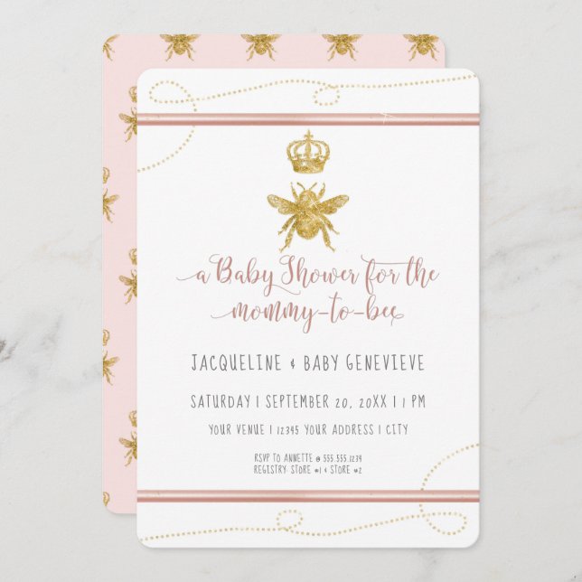 Mummy to Bee Gold Glitter Pink Girl Baby Shower Invitation (Front/Back)