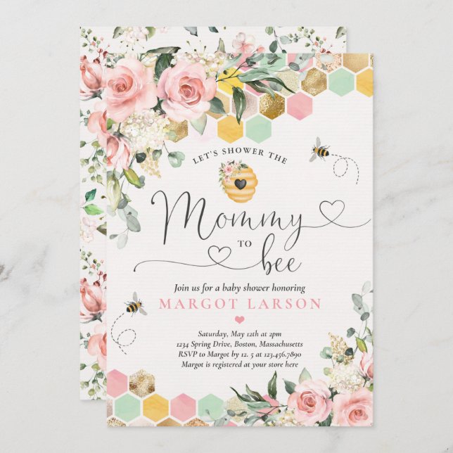 Mummy To Bee Greenery Pink & Gold Bee Baby Shower Invitation (Front/Back)