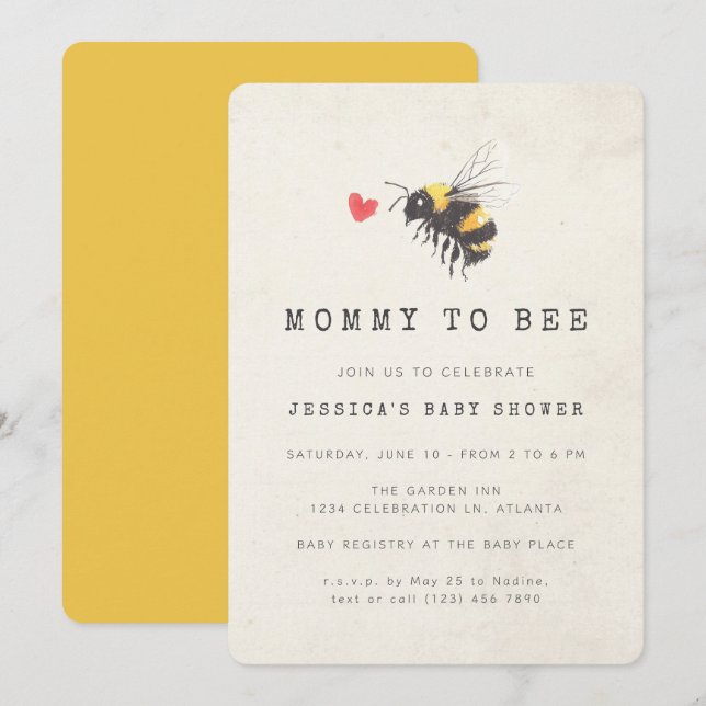 Mummy to Bee Honey Heart Yellow Baby Shower Invitation (Front/Back)