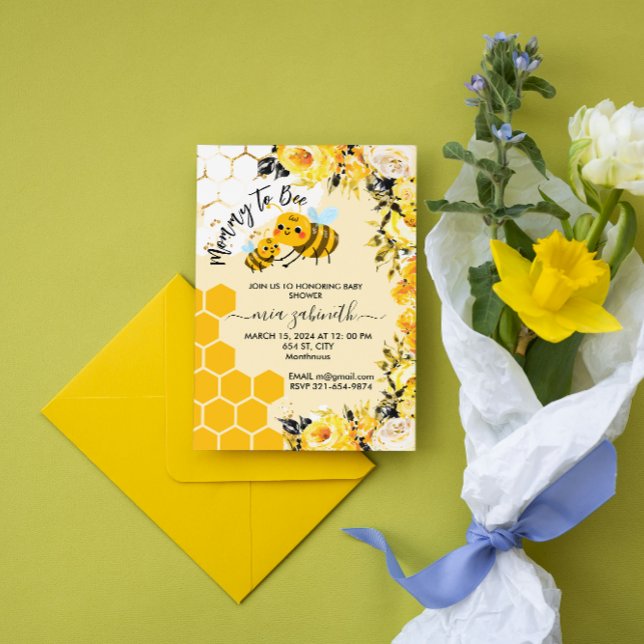 Mummy to Bee Honeycomb Flowers Baby Shower Invitation (watercolor Mommy to Bee Honeycomb Flowers Baby shower honey bees theme spring summer for her girl)