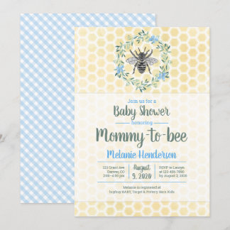 Mummy to bee, honeycomb, gingham, boy baby shower invitation