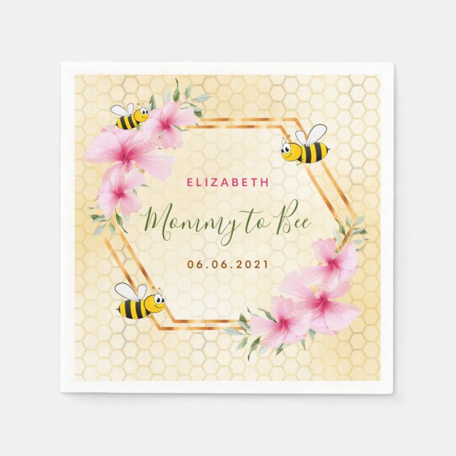 Mummy to bee honeycomb pink florals baby shower napkin (Front)