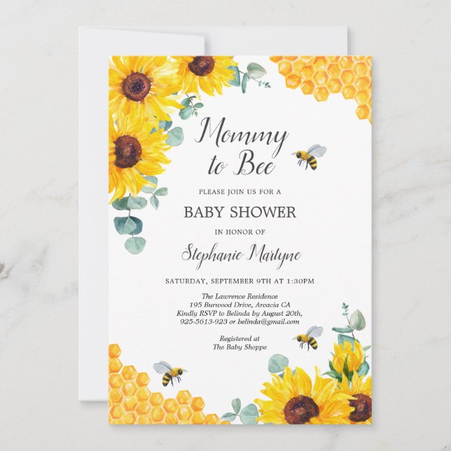 Mummy To Bee Honeycomb Sunflower Baby Shower Invitation (Front)