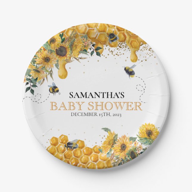 Mummy To Bee Watercolor Sunflower Honey  Paper Plate (Front)