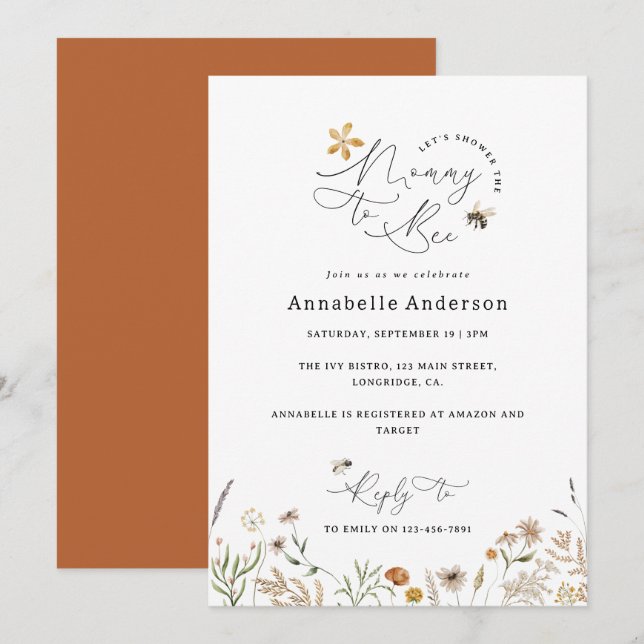 Mummy to bee wildflower baby shower terracotta invitation (Front/Back)