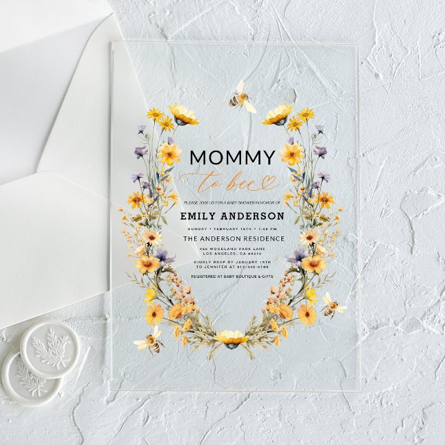 Mummy to Bee Wildflower Gender Neutral Baby Shower Acrylic Invitations (Creator Uploaded)