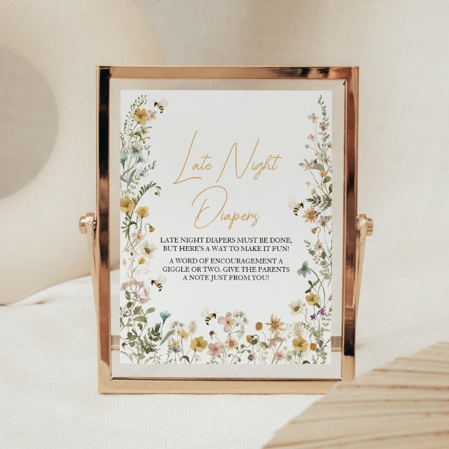 Mummy to Bee Wildflower Late Night Diapers Poster (Mom to Bee Gender Neutral Baby Shower Late Night Diapers Sign)