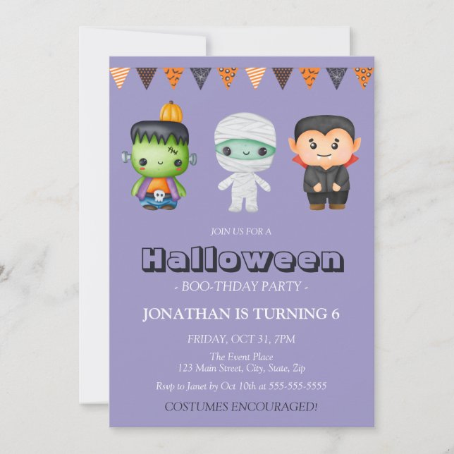 Mummy Vampire Monster Kids Halloween Birthday Invitation (Front)