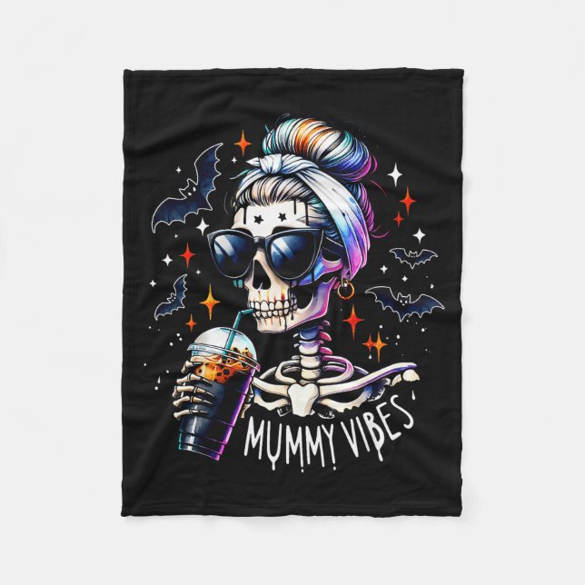 Mummy Vibes Skeleton Coffee Mom Soky Season Hallow Fleece Blanket (Front)