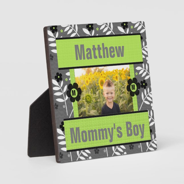 Mummy's Boy Green Retro Floral Baby's Photo Plaque (Front)