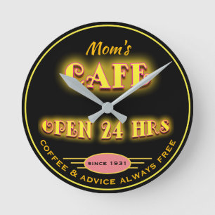 Mum's Cafe Open 24 Hrs Faux Retro Neon - Round Clock