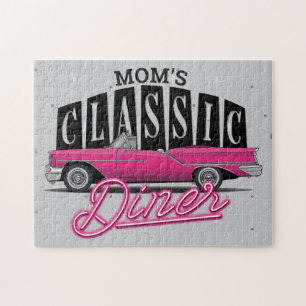 Mum's Diner Custom Name Faux Neon 50's Classic Car Jigsaw Puzzle