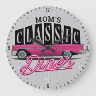Mum's Diner Custom Name Faux Neon 50's Classic Car Large Clock