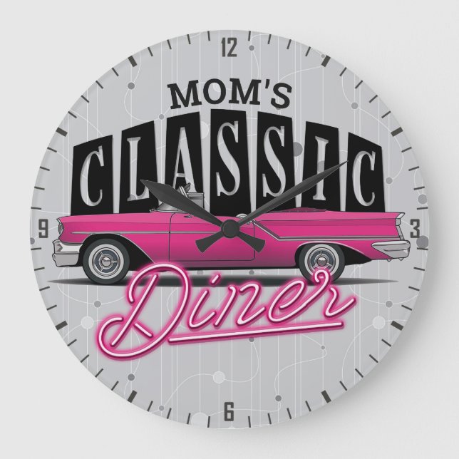 Mum's Diner Custom Name Faux Neon 50's Classic Car Large Clock (Front)