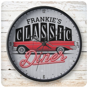Mum's Diner Custom Name Faux Neon 50's Classic Car Large Clock