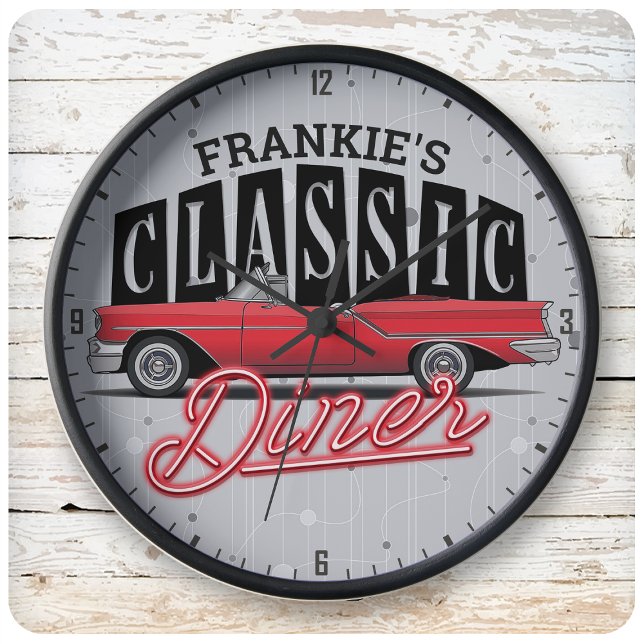 Mum's Diner Custom Name Faux Neon 50's Classic Car Large Clock (Creator Uploaded)