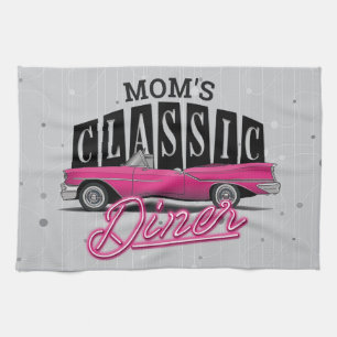 Mum's Diner Custom Name Faux Neon 50's Classic Car Tea Towel