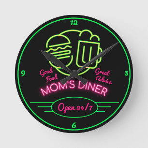 Mum's Diner Open 24/7 Retro Fifties Neon Effect Round Clock