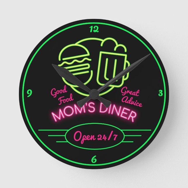 Mum's Diner Open 24/7 Retro Fifties Neon Effect Round Clock (Front)