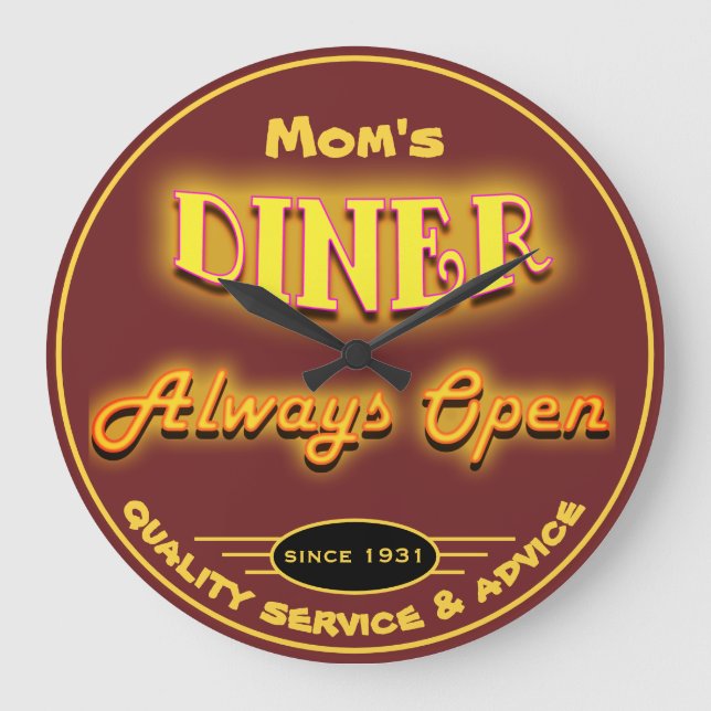 Mum's Diner or Any Name Burgundy Neon Look  - Large Clock (Front)
