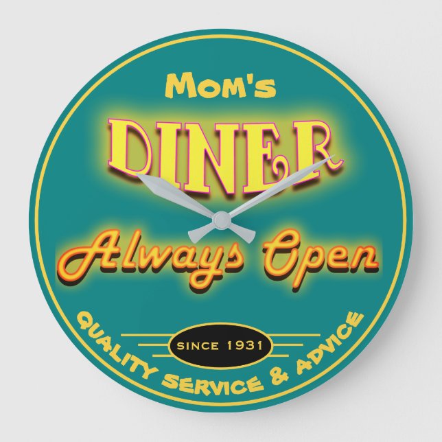 Mum's Diner or Any Name Neon Look Teal - Large Clock (Front)