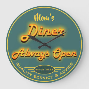 Mum's Diner or Any Name Yellow & Teal Neon Look  - Large Clock