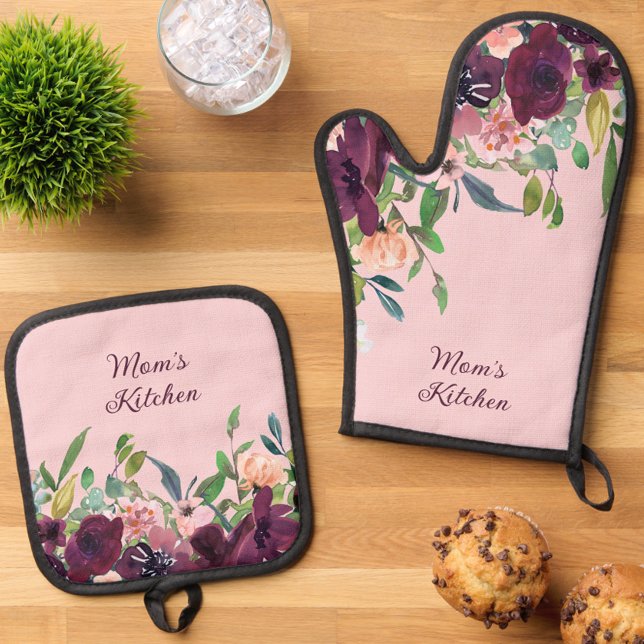 Mum's Kitchen Burgundy Pink Floral Oven Mitt & Pot Holder Set (Mom's Kitchen Burgundy & Blush Pink Floral Oven Mitt Set)